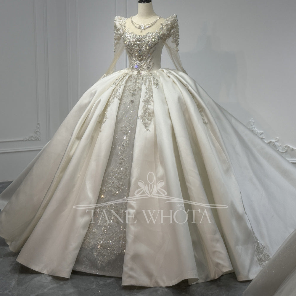 TW810 Crystal Beaded Sequined O-Neck Long Sleeve Wedding Dress With Detachable Ruffles Lace-Up Keyhole Back Customizable Ball Gown