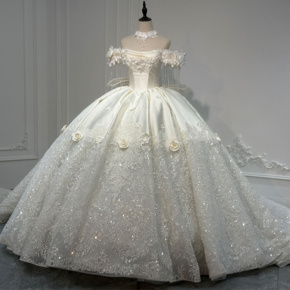 TW1095 Customizable Strapless Off-The-Shoulder Wedding Dress With Lace-Up Back Pearls Appliques Bow Bridal Gown 2026