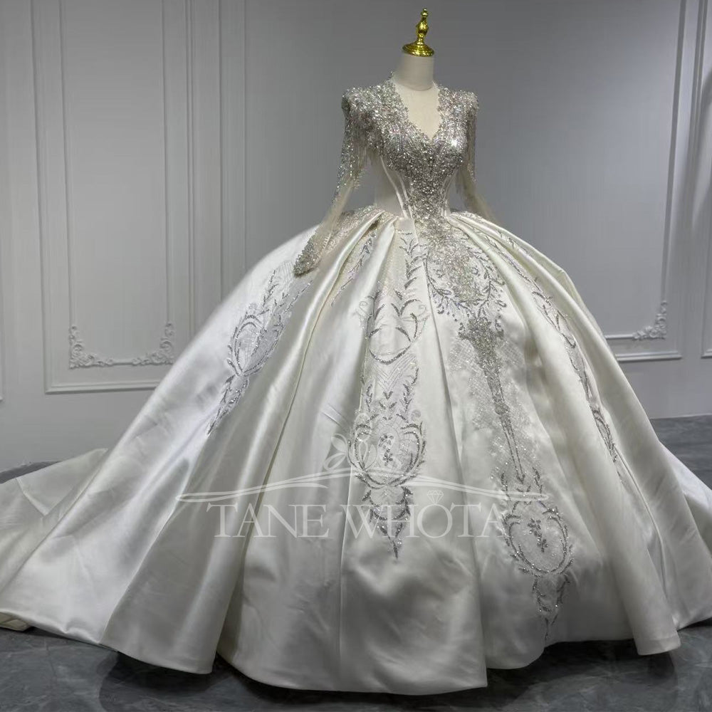 TW816 V-Neck Long Sleeve Wedding Dress With Lace-Up Keyhole Back Beaded Sequined Crystal Detail Customizable Gown