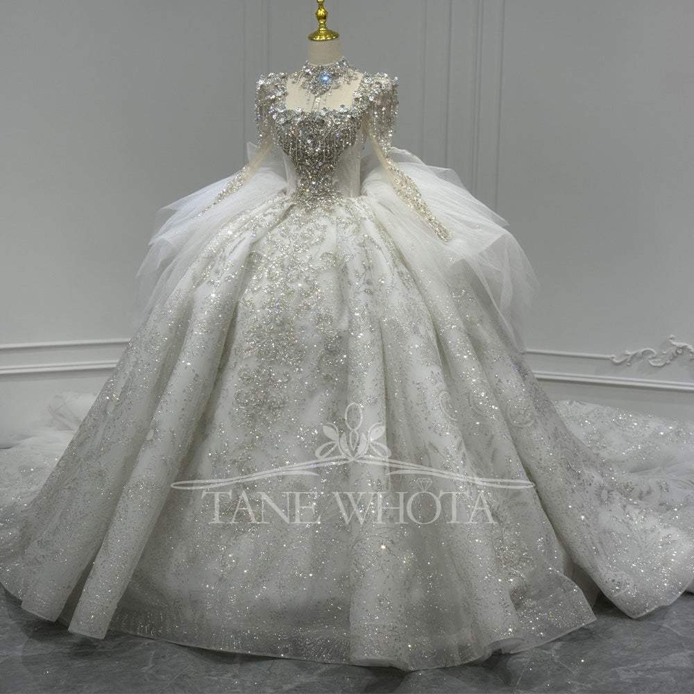 TW801 High Neck Long Sleeve Wedding Dress Lace Up Keyhole Back Beaded Sequined Crystal Bow Customizable Vestidos De Noivas