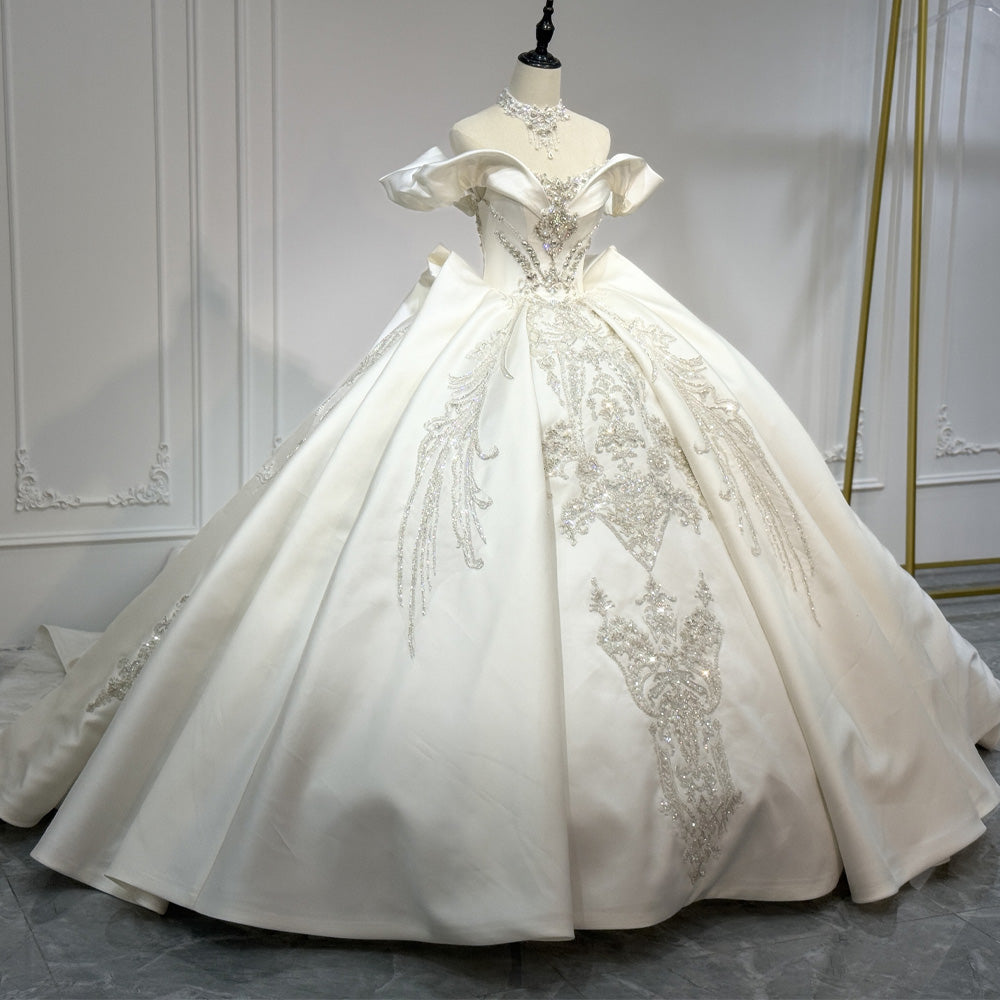 TW893 Wedding Dress Satin Sweetheart Off The Shoulder Lace Up Back Sequined Crystal Lace Detail Customizable Bridal Gown