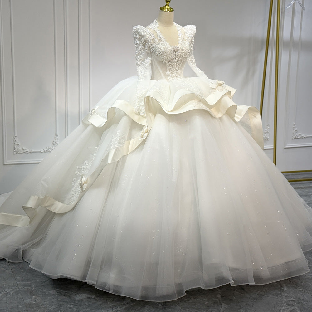 TW892 New V-Neck Long Sleeve Wedding Dress With Lace Up Keyhole Back Beaded Pearls Embroidery Customizable
