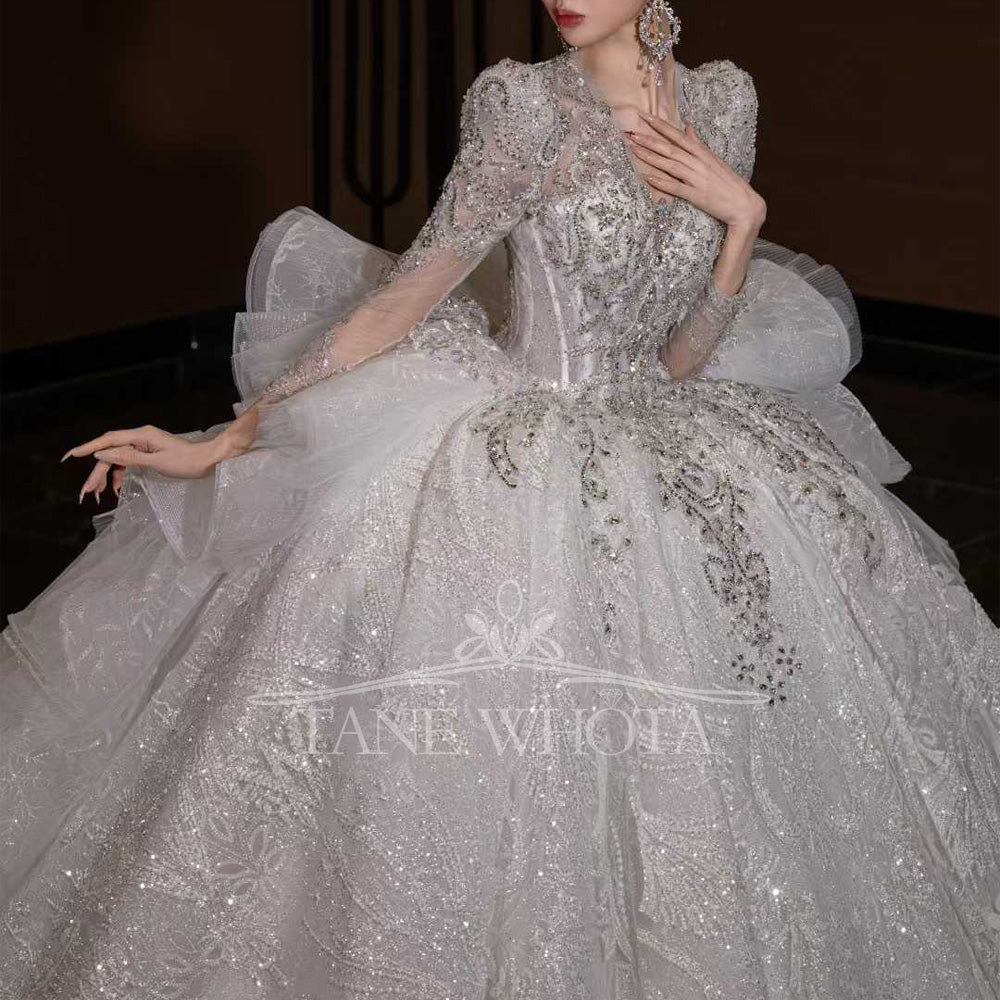 TW800 Luxury V-Neck Wedding Dress Long Sleeves Lace Up Keyhole Back Embroidered Sequined Beading Customizable Encaje Vestido De Novia