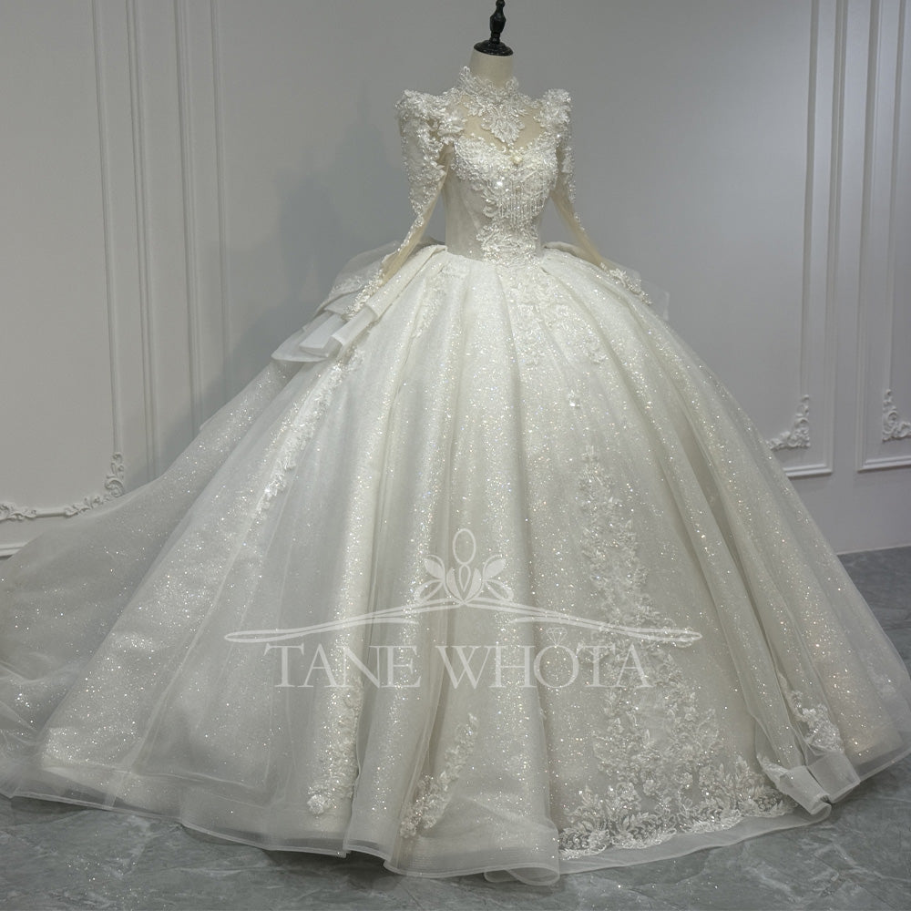 TW841 Luxury Turtle Wedding Dress Shiny Long Sleeve Lace Up Keyhole Back Beaded Crystal Ivory White Bridal Dress