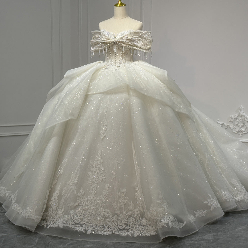TW969 Elegant Sweetheart Off The Shoulder Wedding Dress Lace Up Back Crystal Pearls Customizable Bridal Gown