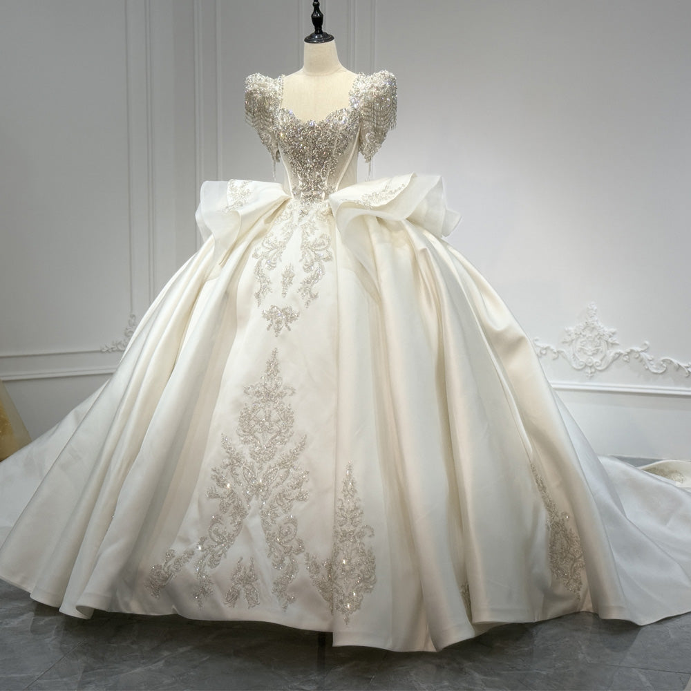 TW927 Luxury Sweetheart Wedding Dress With Short Sleeves Lace-Up Back Pearls & Crystal Embroidery Customizable Bridal Gown