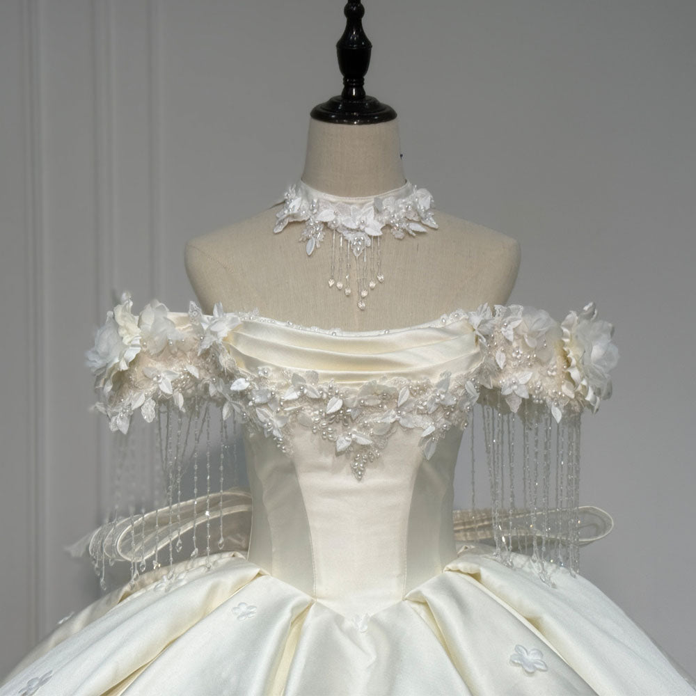 TW1095 Customizable Strapless Off-The-Shoulder Wedding Dress With Lace-Up Back Pearls Appliques Bow Bridal Gown 2026