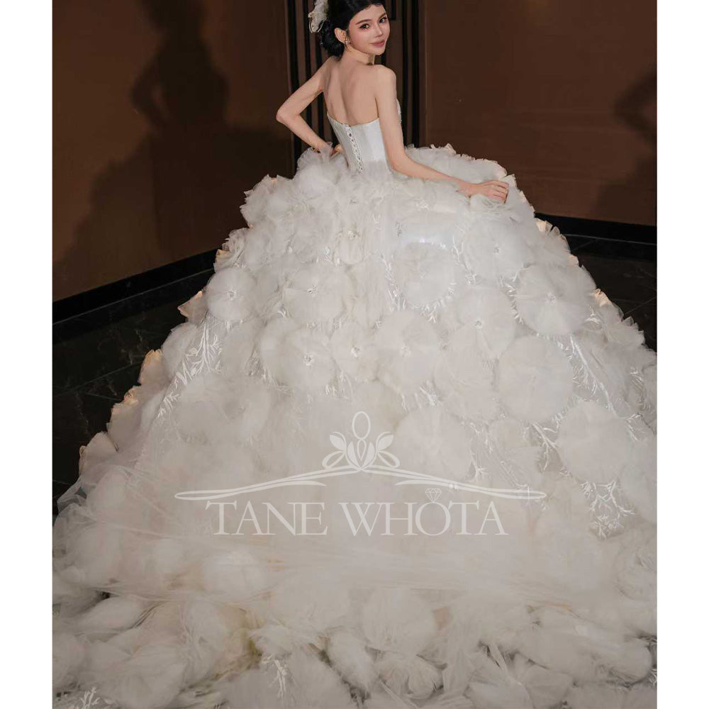 TW794 Luxury Strapless Wedding Dress Sleeveless Lace Up Back 3D Flower Ball Gown Customizable Düğün Elbisesi