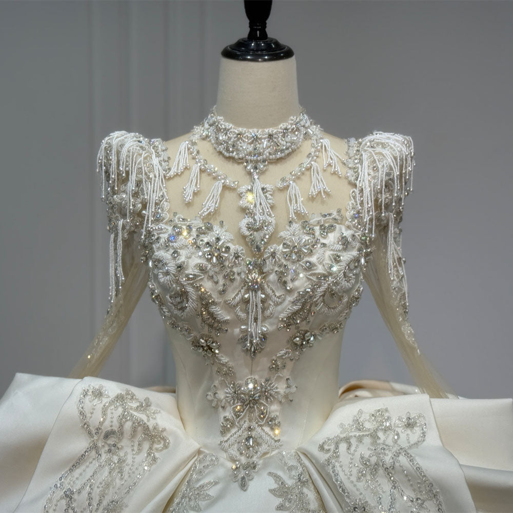 TW1094 2026 Bridal Dress With Long Sleeves Lace-Up Keyhole Back Beading & Crystal Detail Customizable Turtle Neck Gown For Weddings