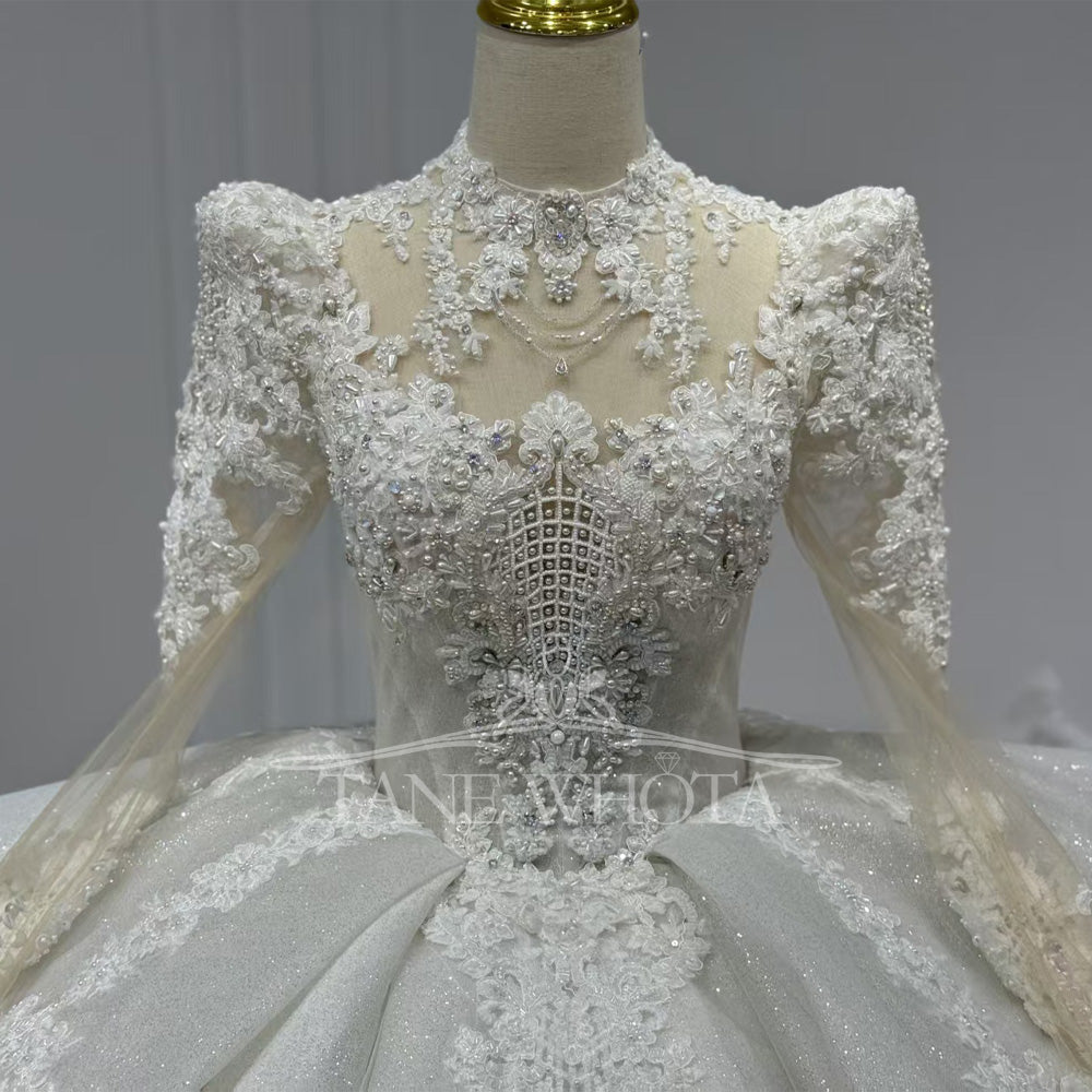 TW813 High Neck Long Sleeve Wedding Dress With Lace-Up Keyhole Back Beaded Crystal Embroidery Customizable Boda Vestidos