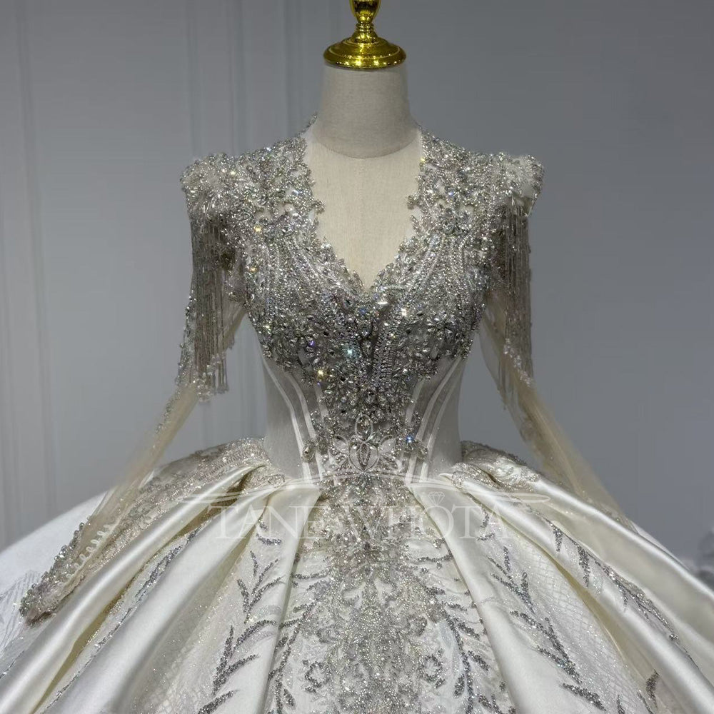 TW816 V-Neck Long Sleeve Wedding Dress With Lace-Up Keyhole Back Beaded Sequined Crystal Detail Customizable Gown