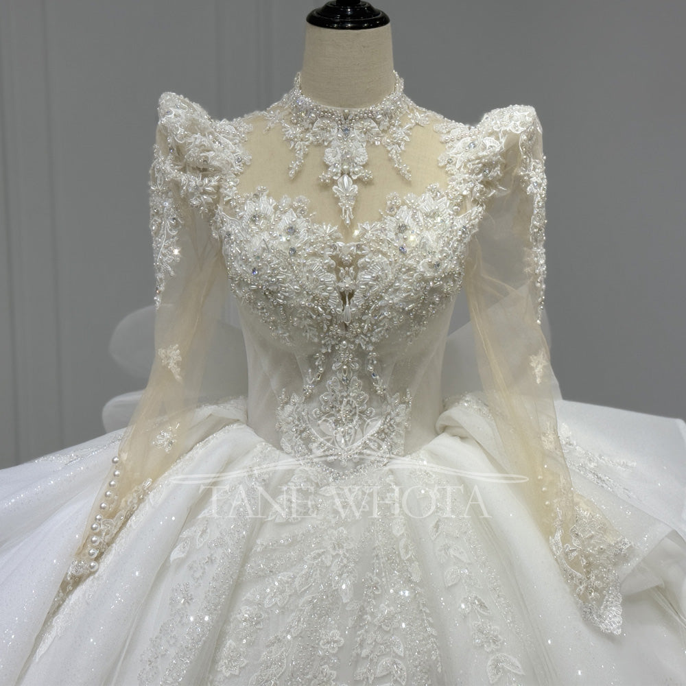 Abiti Da Sposa 2025 High Neck Long Sleeve Wedding Dress Beading Sequined Embroidery Bow Detail Lace Up Back Customizable Fit