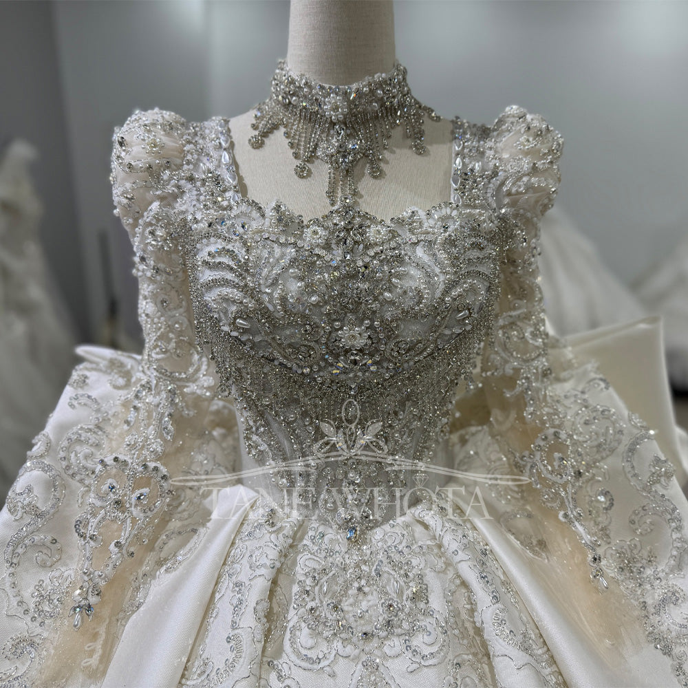 TW819 Customizable Square Collar Wedding Dress Long Sleeves Bow Beaded Sequined Design Lace-Up Back Bridal Gown