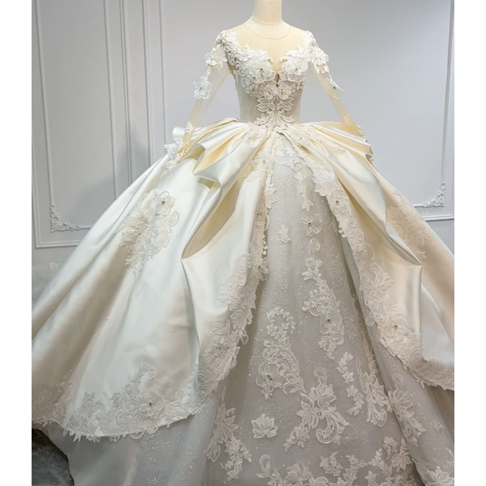 TW977 2026 O-Neck Long Sleeve Wedding Dress With Button Appliques And Pearls Customizable Vestido Novias