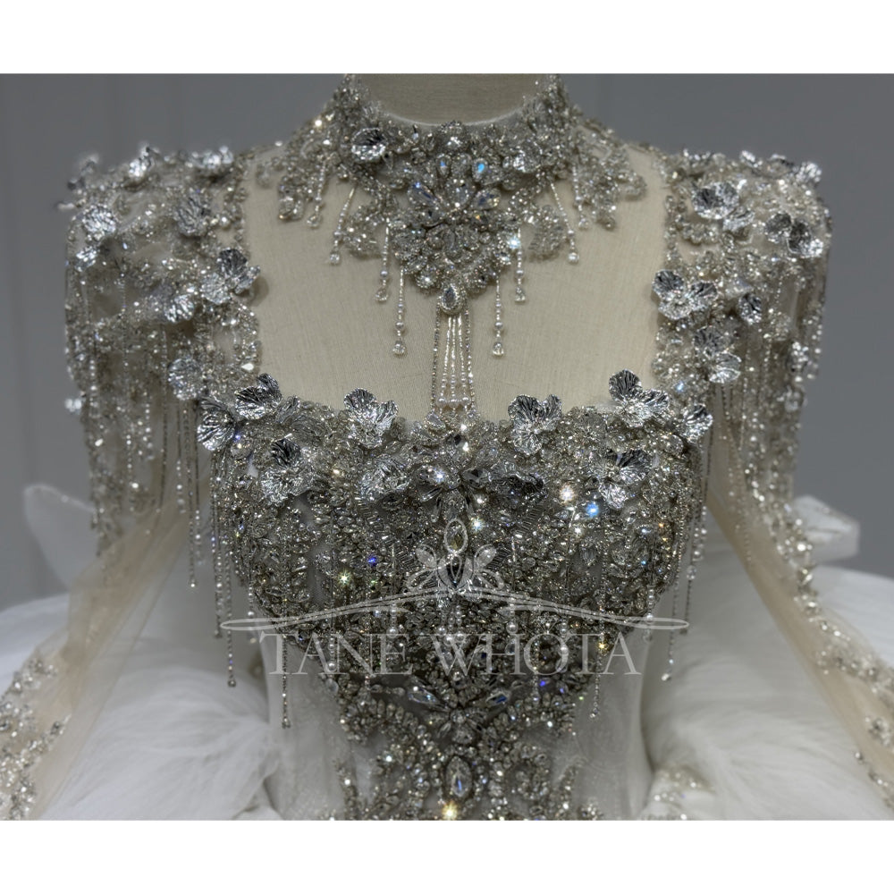 TW801 High Neck Long Sleeve Wedding Dress Lace Up Keyhole Back Beaded Sequined Crystal Bow Customizable Vestidos De Noivas