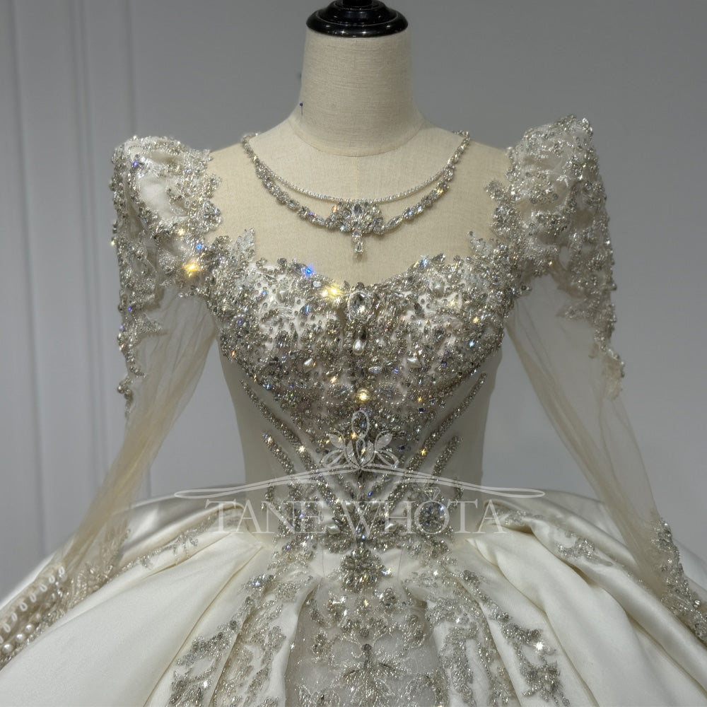 TW810 Crystal Beaded Sequined O-Neck Long Sleeve Wedding Dress With Detachable Ruffles Lace-Up Keyhole Back Customizable Ball Gown