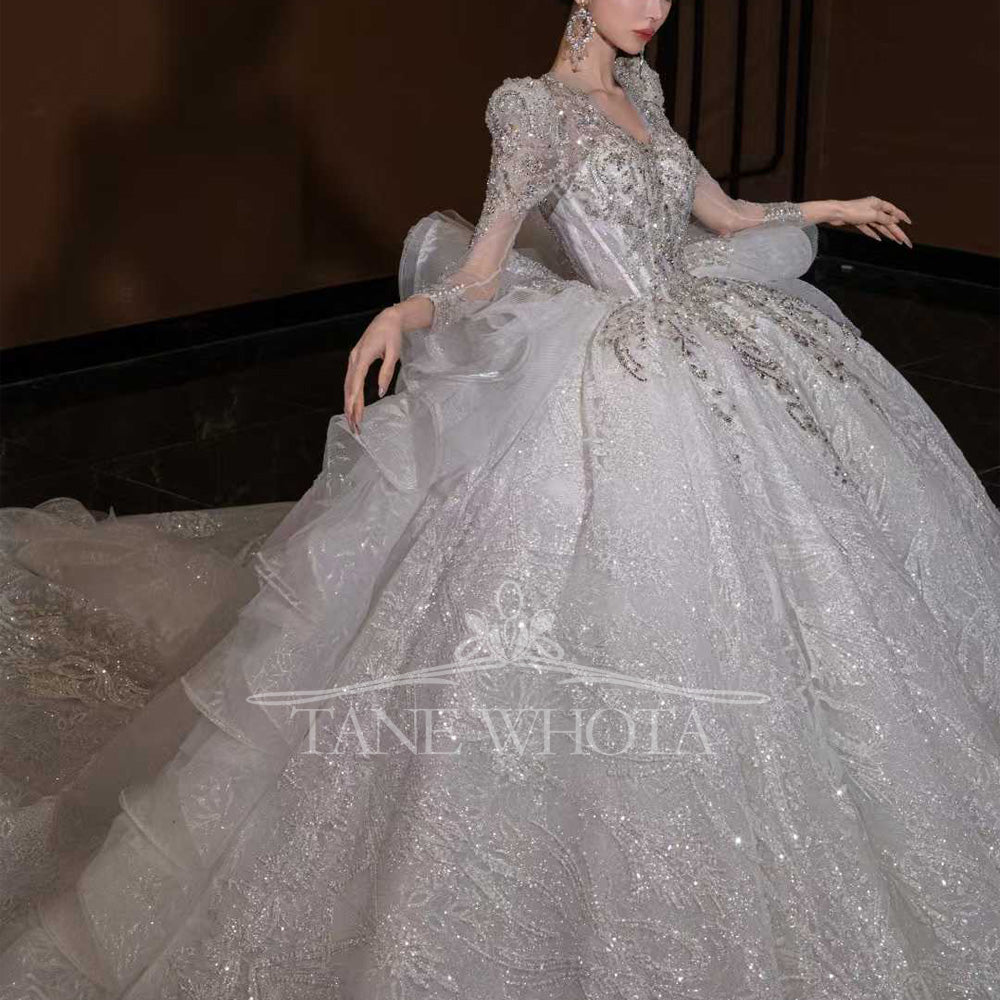 TW800 Luxury V-Neck Wedding Dress Long Sleeves Lace Up Keyhole Back Embroidered Sequined Beading Customizable Encaje Vestido De Novia
