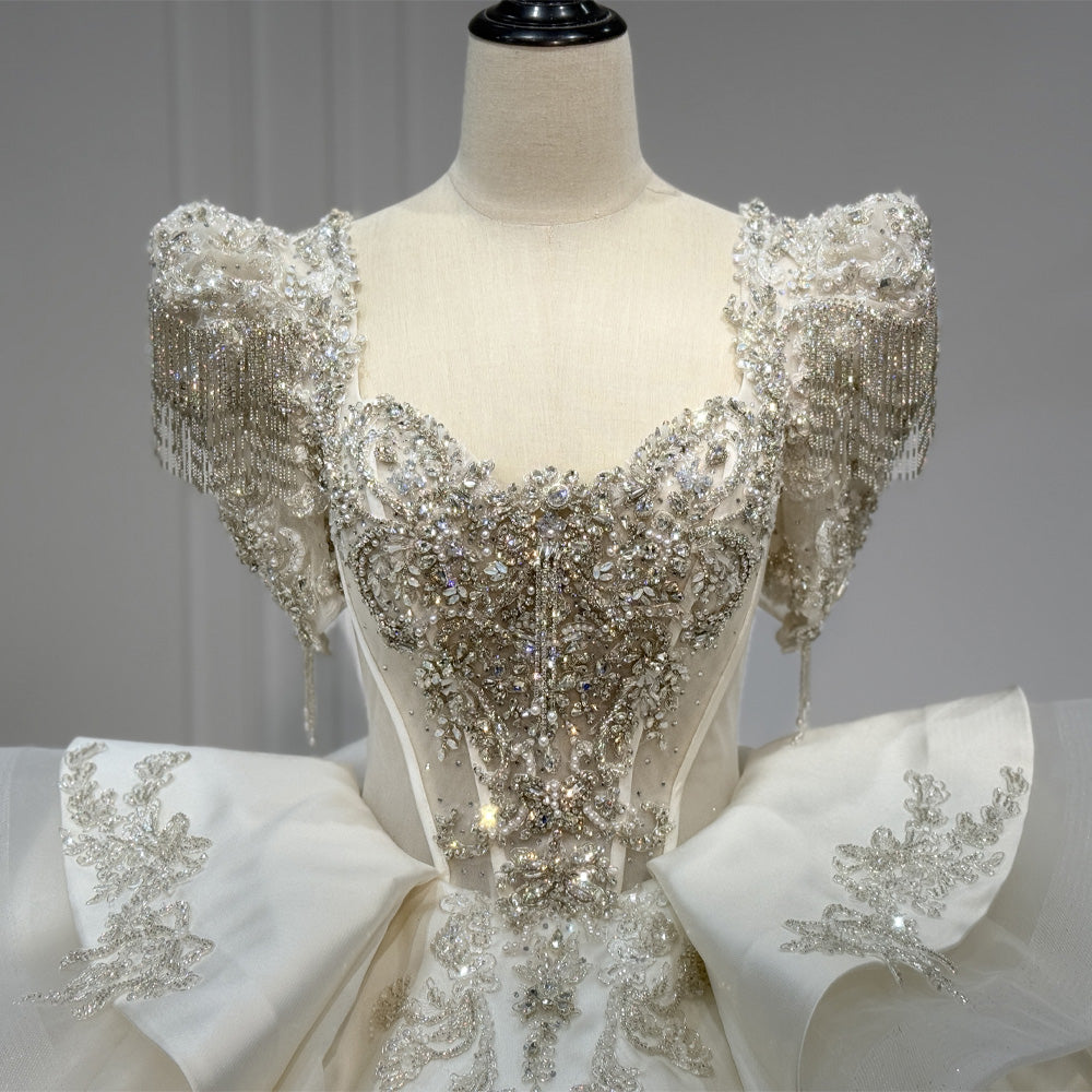 TW927 Luxury Sweetheart Wedding Dress With Short Sleeves Lace-Up Back Pearls & Crystal Embroidery Customizable Bridal Gown
