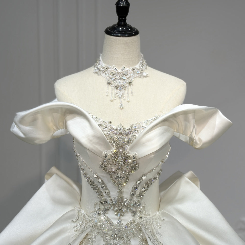 TW893 Wedding Dress Satin Sweetheart Off The Shoulder Lace Up Back Sequined Crystal Lace Detail Customizable Bridal Gown