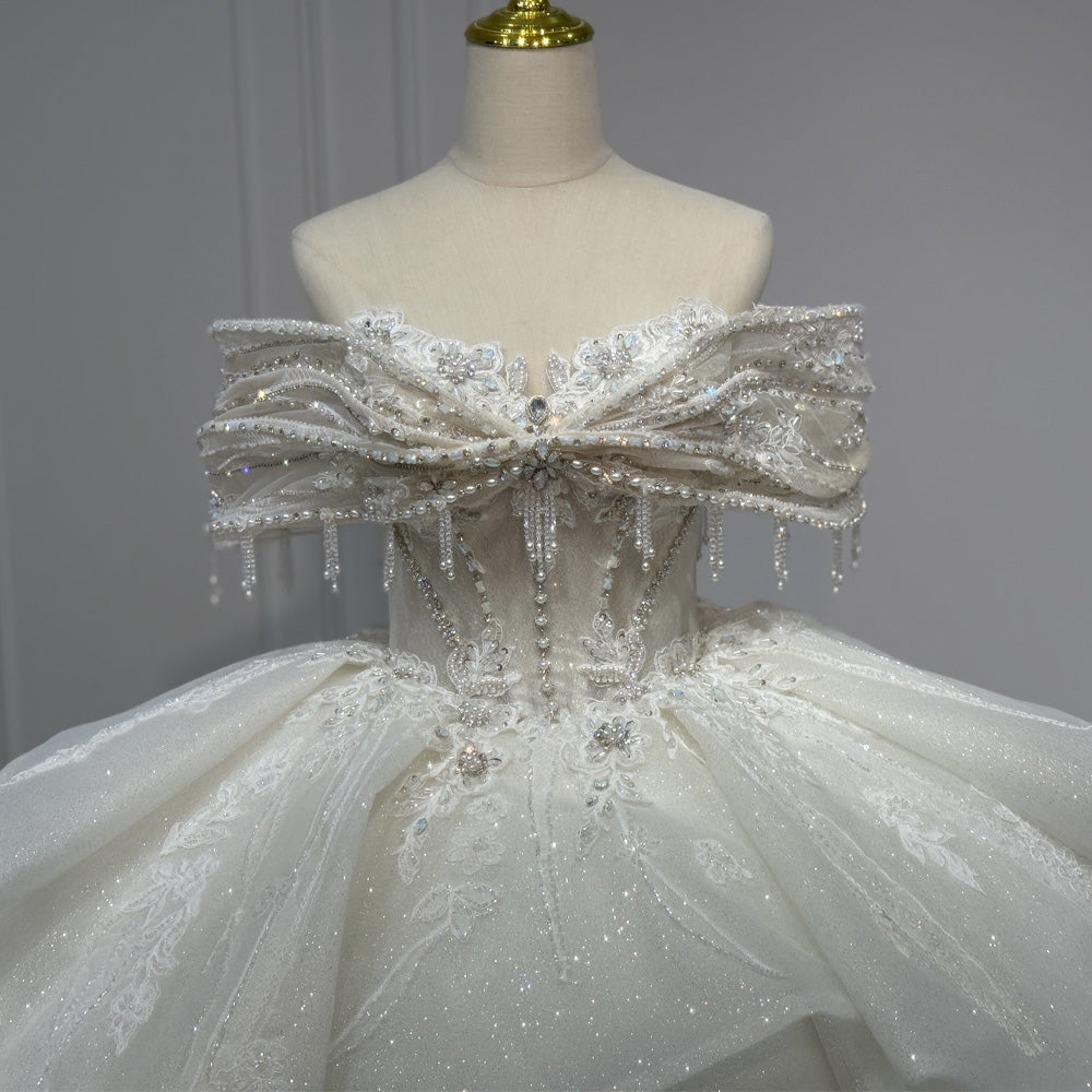 TW969 Elegant Sweetheart Off The Shoulder Wedding Dress Lace Up Back Crystal Pearls Customizable Bridal Gown