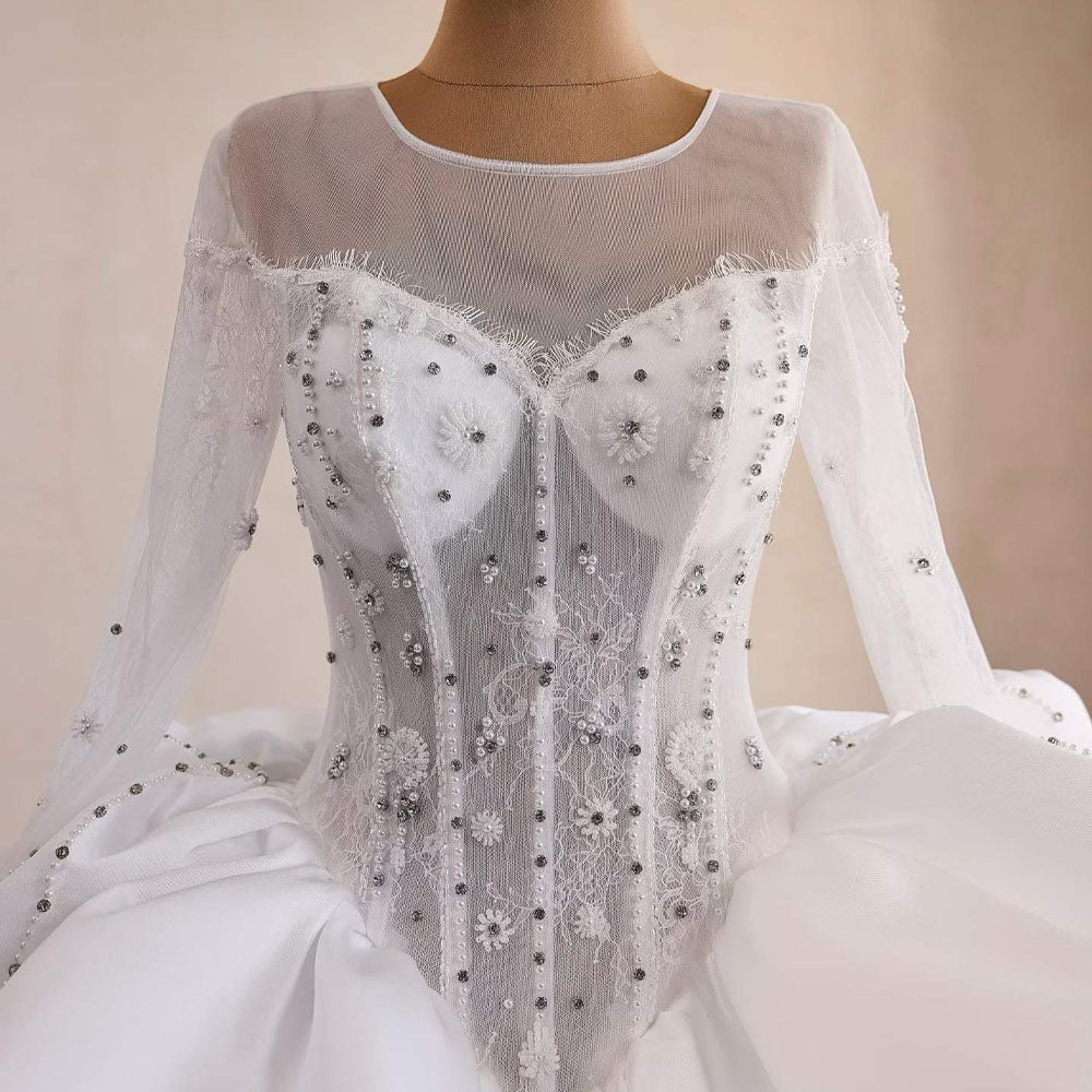 O-Neck Long Sleeve Wedding Dress Embroidery Beading Zipper Ball Gown Elegant Bridal Gown