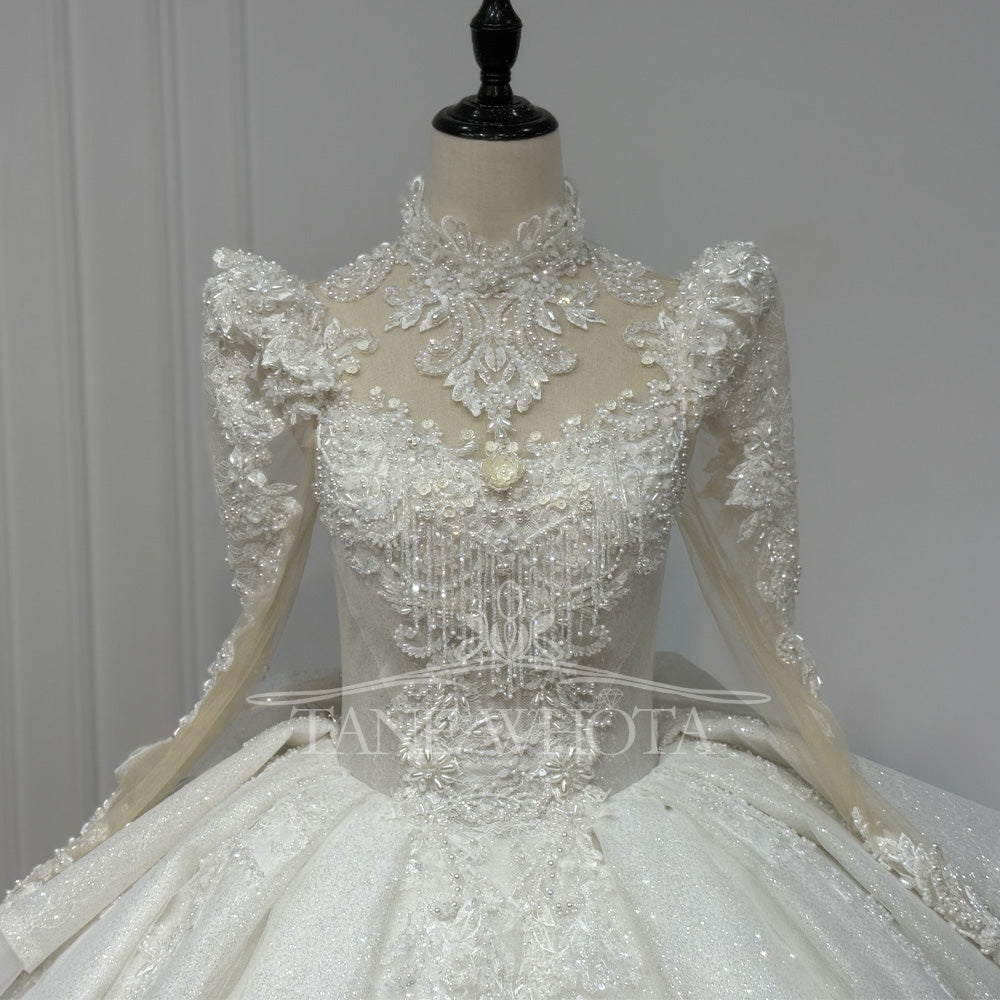 TW841 Luxury Turtle Wedding Dress Shiny Long Sleeve Lace Up Keyhole Back Beaded Crystal Ivory White Bridal Dress
