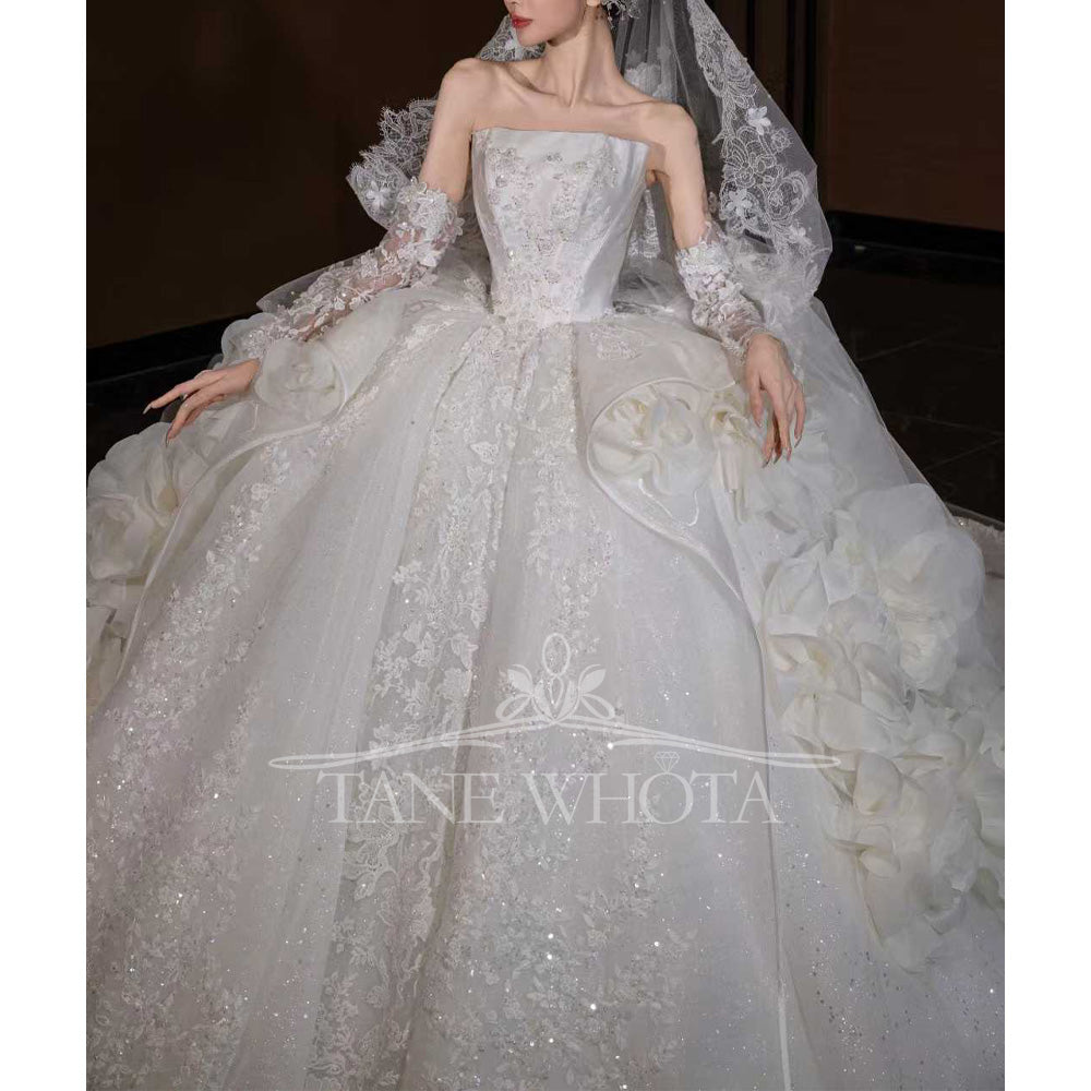 TW798 Robe De Marie Strapless Bridal Dress Long Sleeve Embroidery Sequined Customized Wedding Dress
