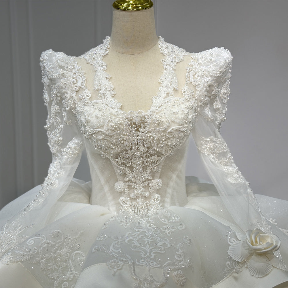 TW892 New V-Neck Long Sleeve Wedding Dress With Lace Up Keyhole Back Beaded Pearls Embroidery Customizable