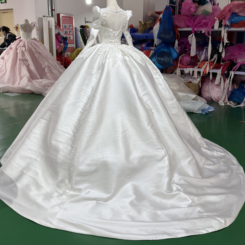 TW935 Lace-Up Keyhole Back O-Neck Long Sleeve Wedding Dress Customized Pearls Embroidery Bridal Gown