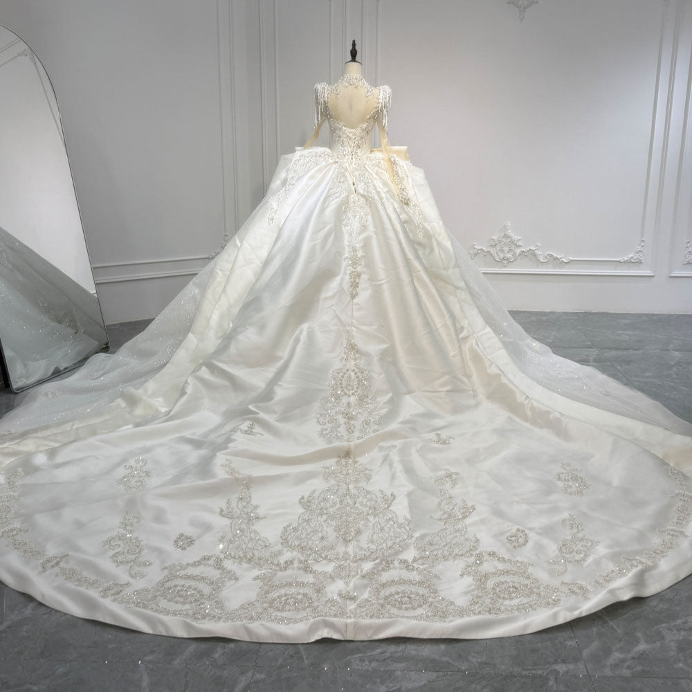 TW1094 2026 Bridal Dress With Long Sleeves Lace-Up Keyhole Back Beading & Crystal Detail Customizable Turtle Neck Gown For Weddings