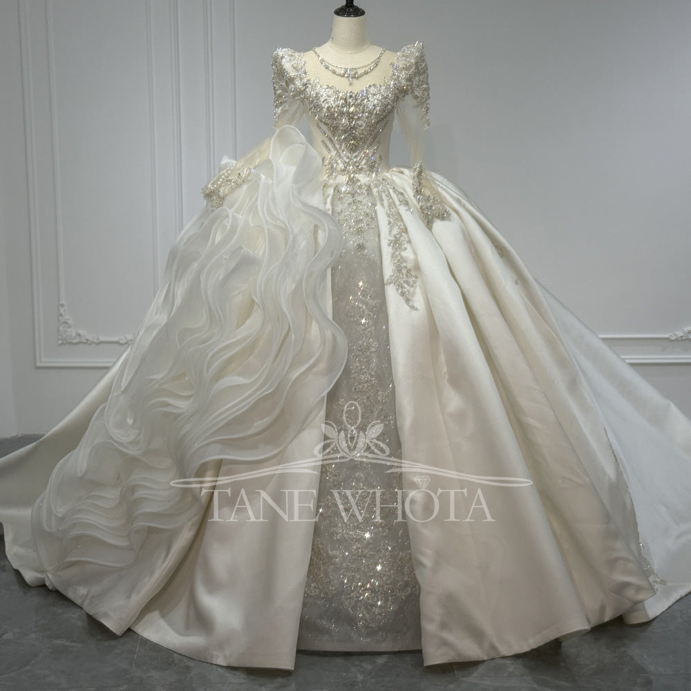 TW810 Crystal Beaded Sequined O-Neck Long Sleeve Wedding Dress With Detachable Ruffles Lace-Up Keyhole Back Customizable Ball Gown