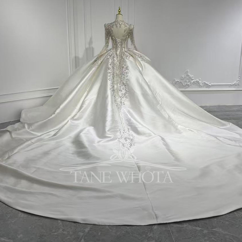 TW816 V-Neck Long Sleeve Wedding Dress With Lace-Up Keyhole Back Beaded Sequined Crystal Detail Customizable Gown