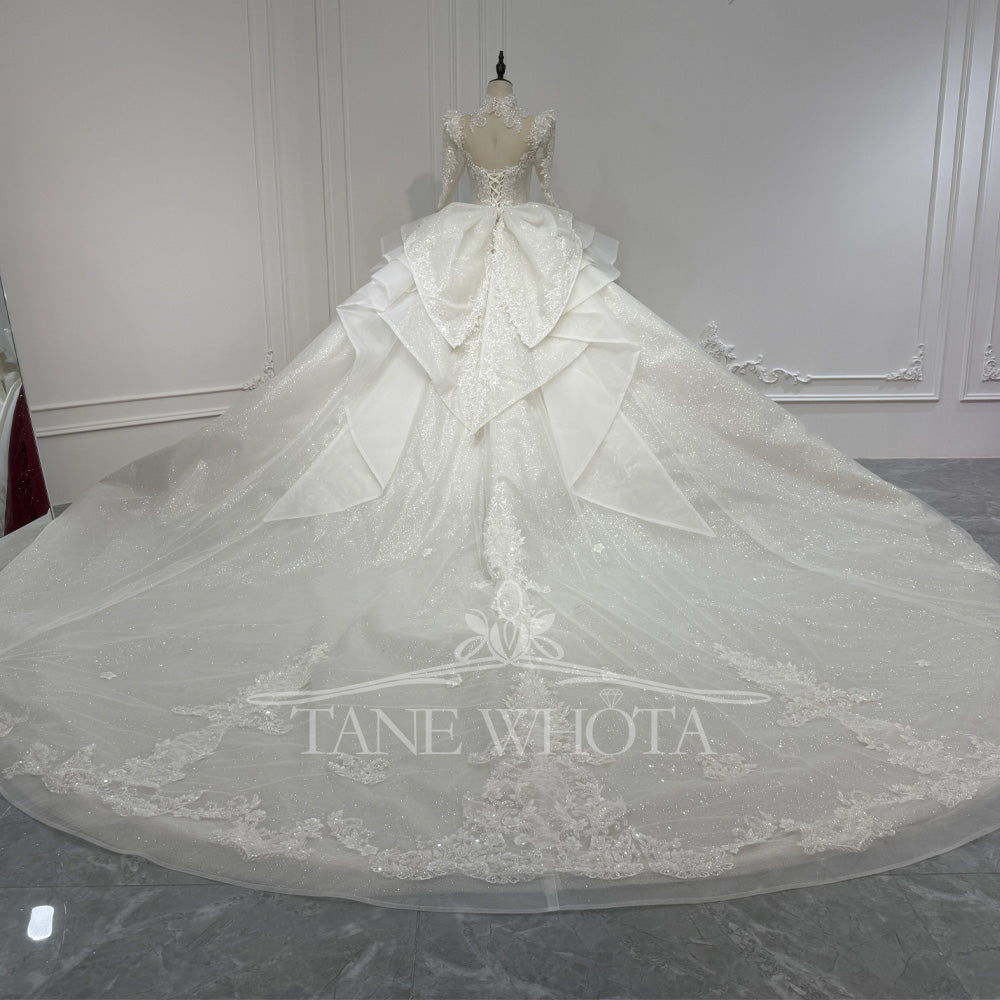TW841 Luxury Turtle Wedding Dress Shiny Long Sleeve Lace Up Keyhole Back Beaded Crystal Ivory White Bridal Dress