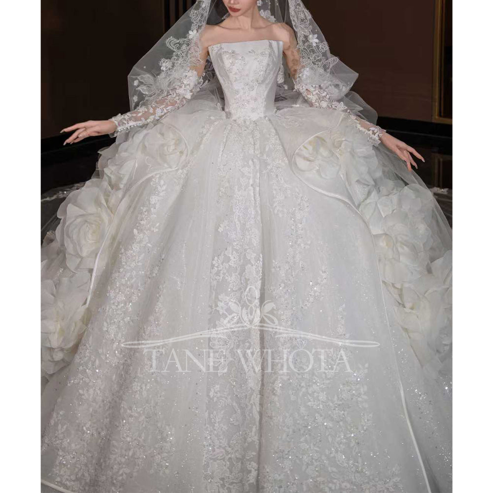 TW798 Robe De Marie Strapless Bridal Dress Long Sleeve Embroidery Sequined Customized Wedding Dress