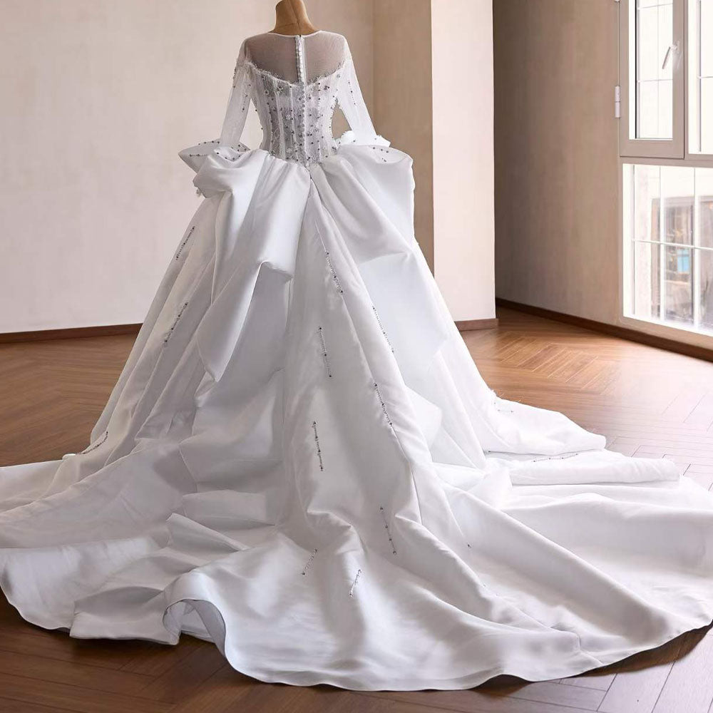 O-Neck Long Sleeve Wedding Dress Embroidery Beading Zipper Ball Gown Elegant Bridal Gown