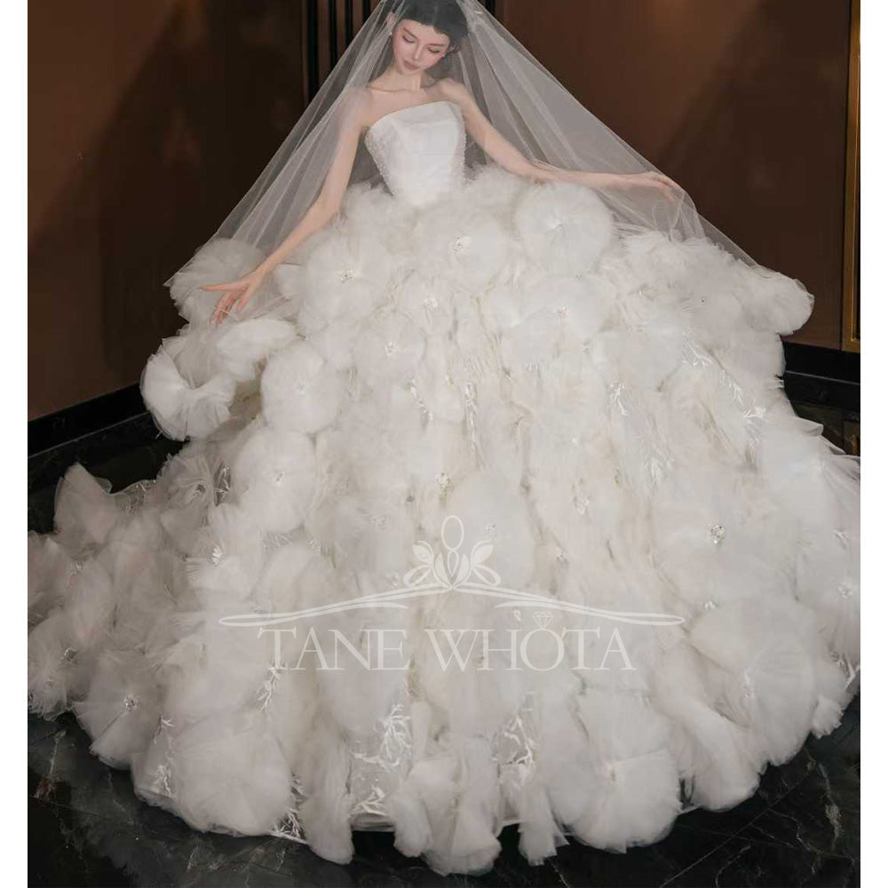 TW794 Luxury Strapless Wedding Dress Sleeveless Lace Up Back 3D Flower Ball Gown Customizable Düğün Elbisesi