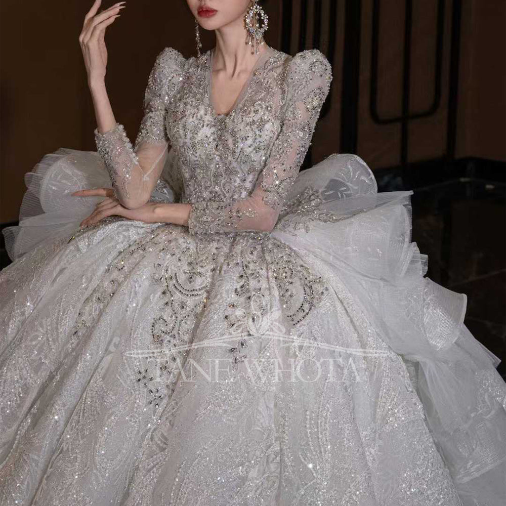 TW800 Luxury V-Neck Wedding Dress Long Sleeves Lace Up Keyhole Back Embroidered Sequined Beading Customizable Encaje Vestido De Novia