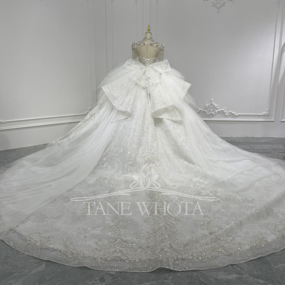 TW801 High Neck Long Sleeve Wedding Dress Lace Up Keyhole Back Beaded Sequined Crystal Bow Customizable Vestidos De Noivas