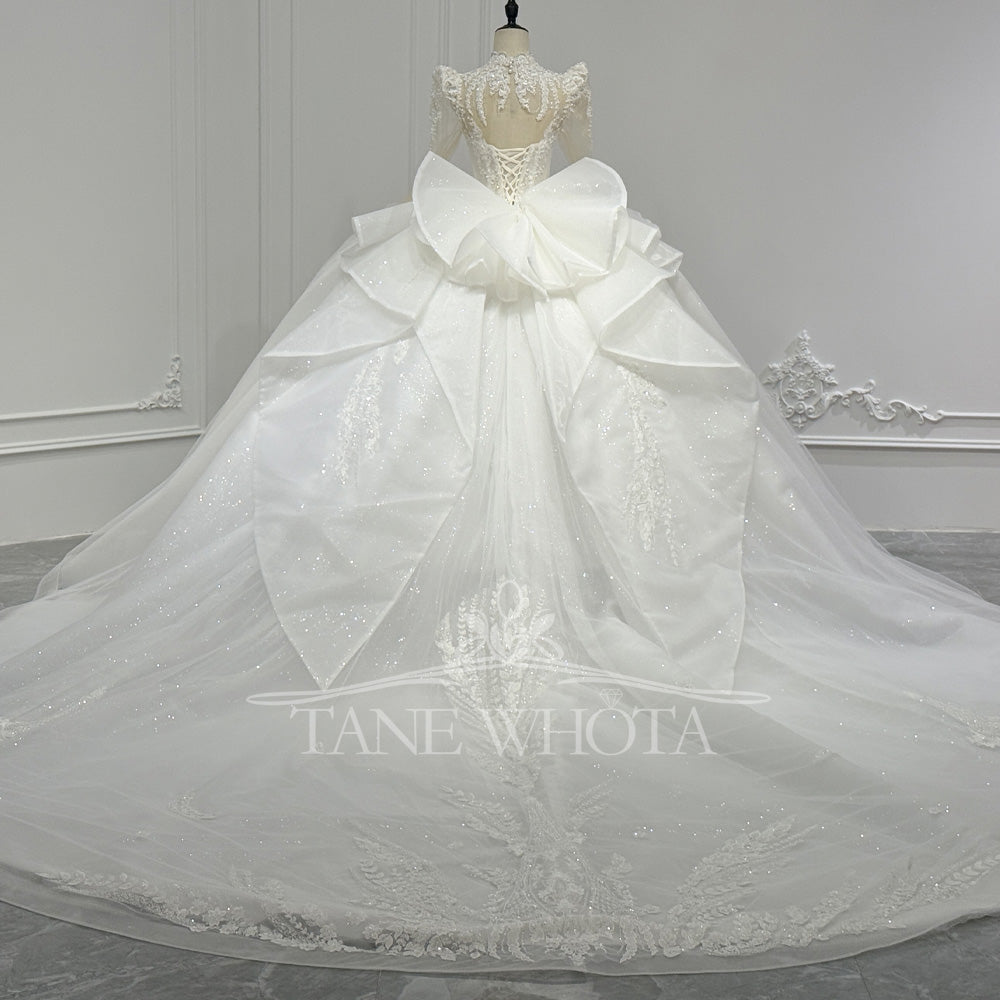 Abiti Da Sposa 2025 High Neck Long Sleeve Wedding Dress Beading Sequined Embroidery Bow Detail Lace Up Back Customizable Fit