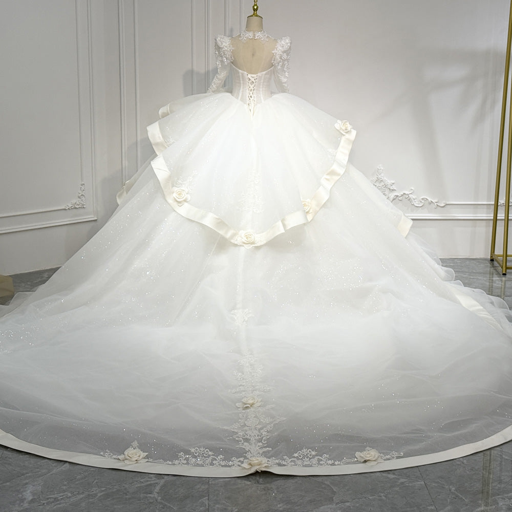 TW892 New V-Neck Long Sleeve Wedding Dress With Lace Up Keyhole Back Beaded Pearls Embroidery Customizable