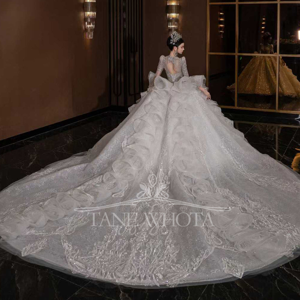 TW800 Luxury V-Neck Wedding Dress Long Sleeves Lace Up Keyhole Back Embroidered Sequined Beading Customizable Encaje Vestido De Novia