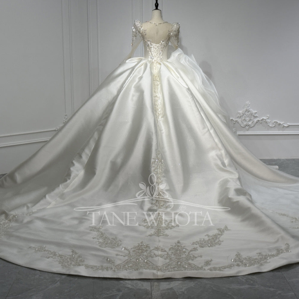 TW810 Crystal Beaded Sequined O-Neck Long Sleeve Wedding Dress With Detachable Ruffles Lace-Up Keyhole Back Customizable Ball Gown