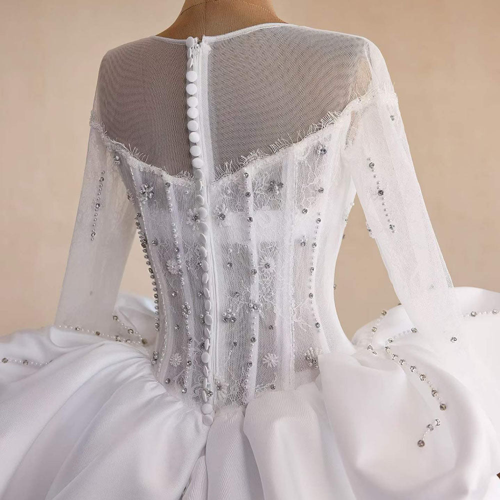 O-Neck Long Sleeve Wedding Dress Embroidery Beading Zipper Ball Gown Elegant Bridal Gown