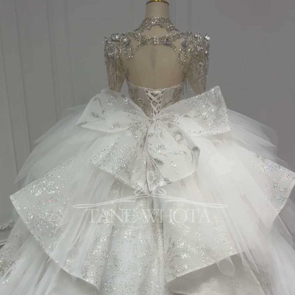 TW801 High Neck Long Sleeve Wedding Dress Lace Up Keyhole Back Beaded Sequined Crystal Bow Customizable Vestidos De Noivas