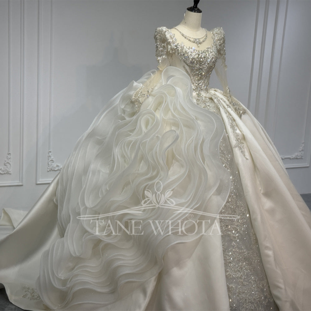 TW810 Crystal Beaded Sequined O-Neck Long Sleeve Wedding Dress With Detachable Ruffles Lace-Up Keyhole Back Customizable Ball Gown
