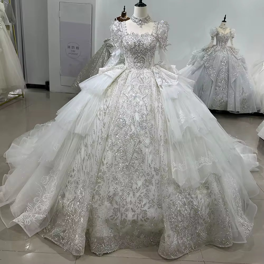 TW169 Wedding Dress For Bride 2025 Long Sleeve Square Collar Lace Up Back Ball Gown Sequins Beading Crystal Bridal Dress