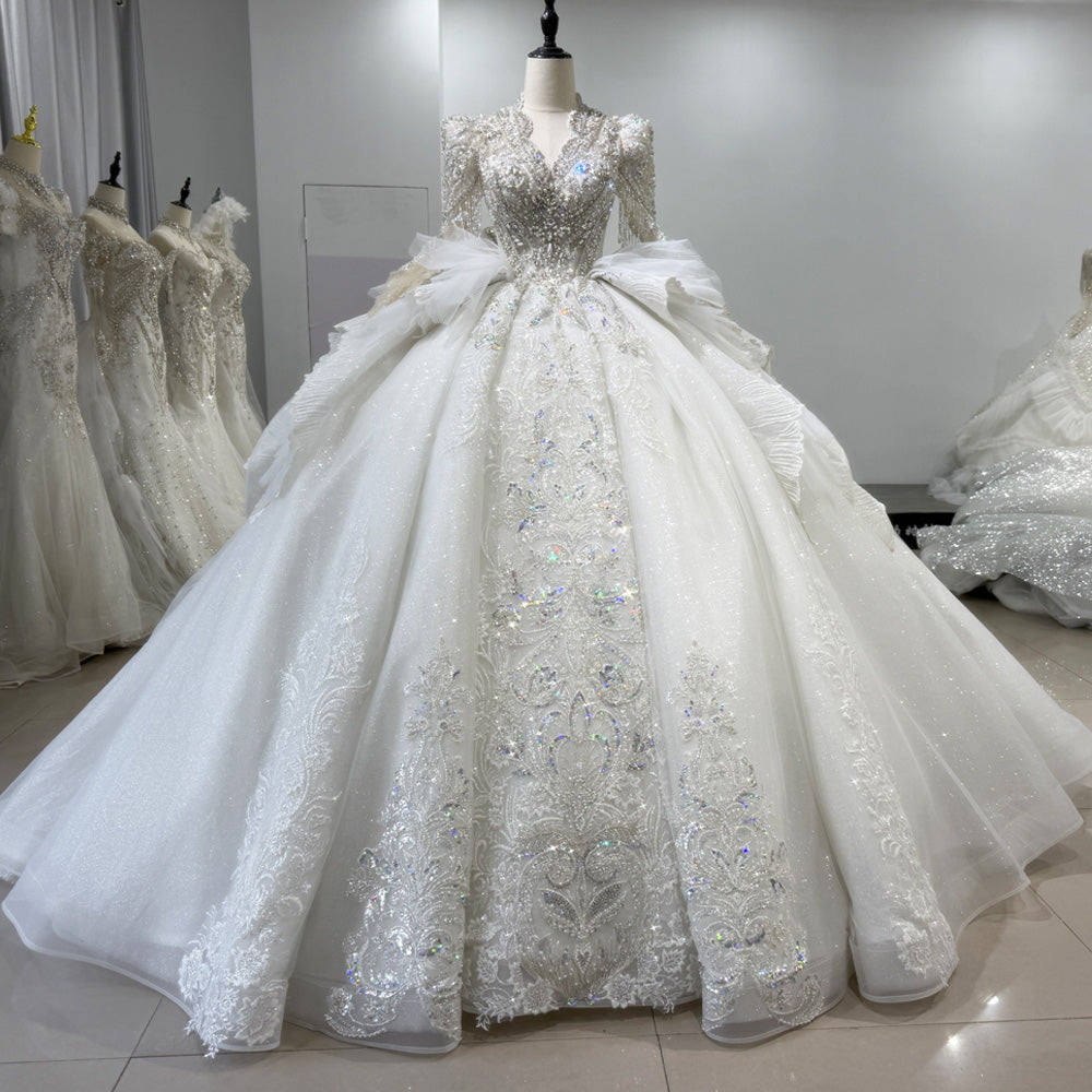 TW031 Wedding Dress For Bride Scalloped Keyhole Back Lace Up Long Sleeve Beading Sequined Ball Gown Rhinestones Wedding Dress