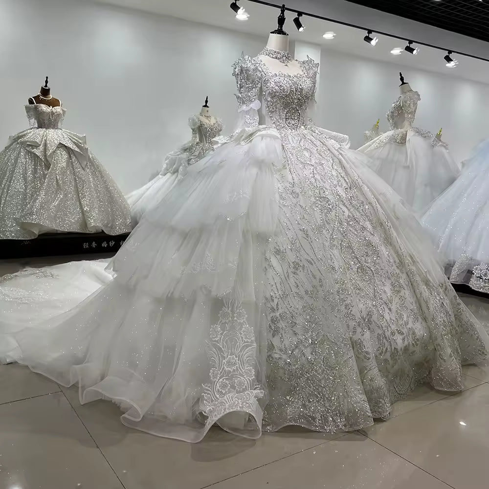 TW169 Wedding Dress For Bride 2025 Long Sleeve Square Collar Lace Up Back Ball Gown Sequins Beading Crystal Bridal Dress