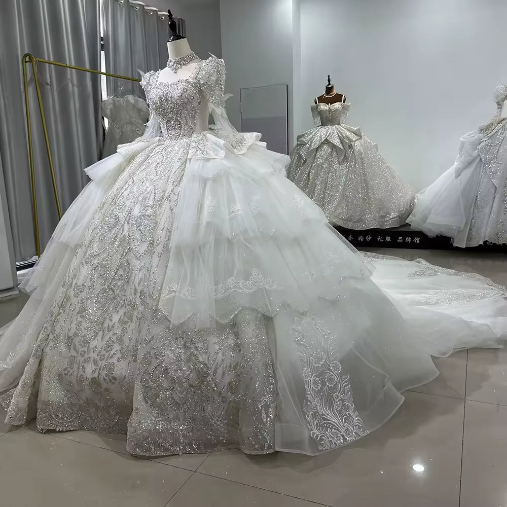 TW169 Wedding Dress For Bride 2025 Long Sleeve Square Collar Lace Up Back Ball Gown Sequins Beading Crystal Bridal Dress