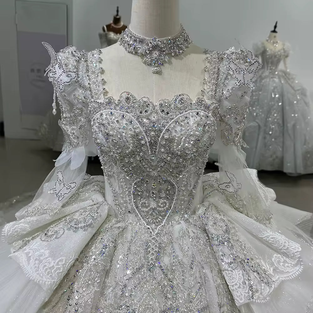 TW169 Wedding Dress For Bride 2025 Long Sleeve Square Collar Lace Up Back Ball Gown Sequins Beading Crystal Bridal Dress